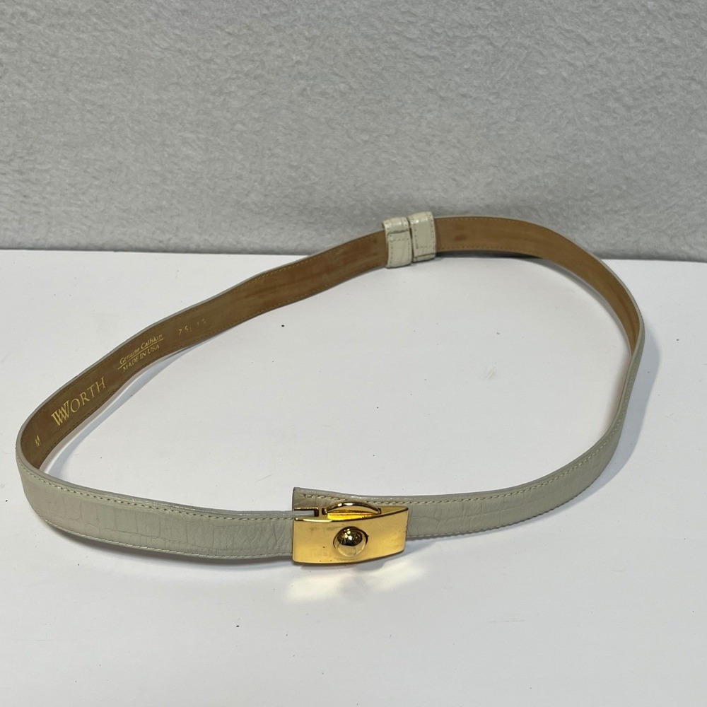 Worth Womens Belt Medium Cream Genuine Calfskin Leather Gold Slide Buckle USA